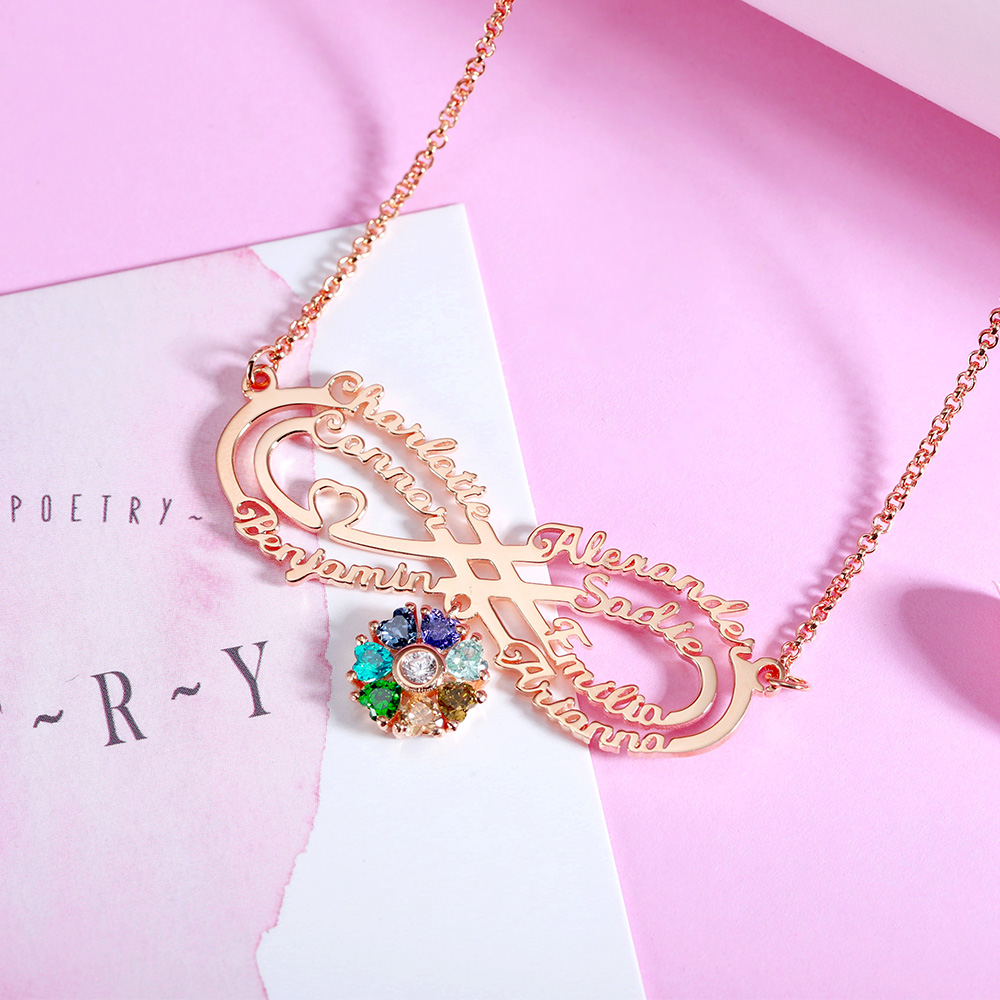 Personalized Infinity Name Necklace with Birthstone in Rose Gold