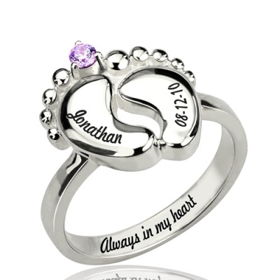 Typical Platinum Plated Engraved Baby with Birthstone Feet Ring