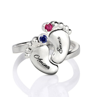 Platinum Plated Exquisite Engraved Baby Feet Birthstone Name Ring for Mom