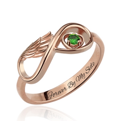 Dazzling Rose Gold Angel Wing Infinity Heart Birthstone Engraved Ring
