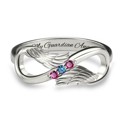 Silver Figured Engraved Angel Wings with Birthstones Infinity Ring