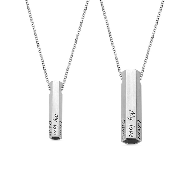 Conjunto de colar personalizado com barra de 6 lados em prata para casal