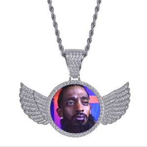 Men Iced Out Photo Necklace with Wings
