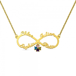 Collier personnalisé Infinity 4 prénoms avec pierre de naissance en or