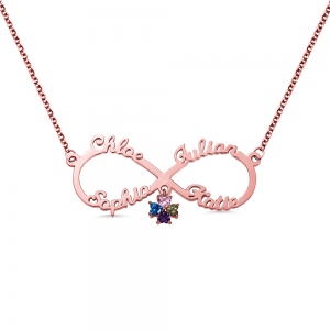 Collier personnalisé Infinity 4 prénoms avec pierre de naissance en or rose