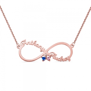 Collier personnalisé Infinity 2 prénoms avec pierre de naissance en or rose