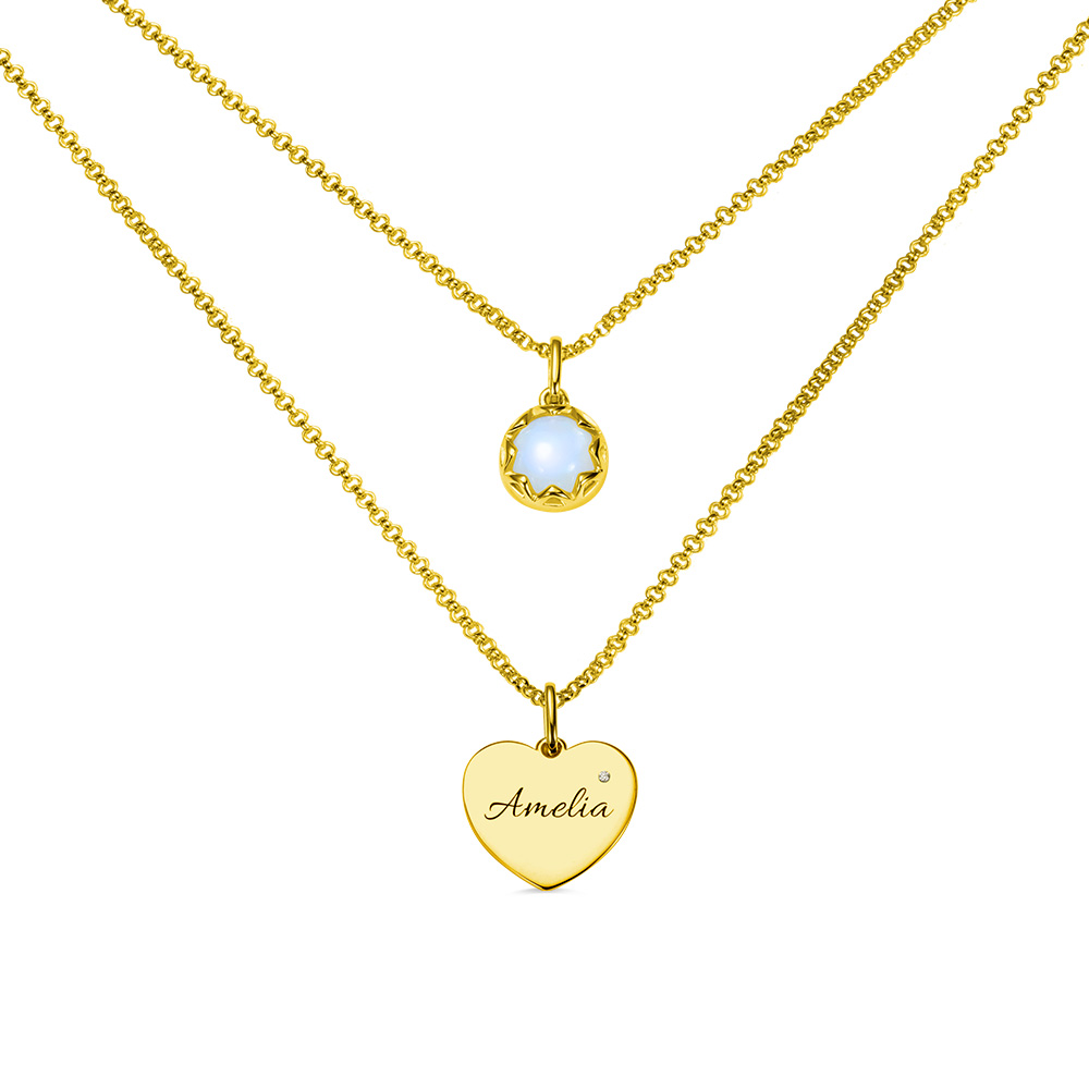 Colar Dupla Pedra da Lua Personalizada com Coração em Ouro