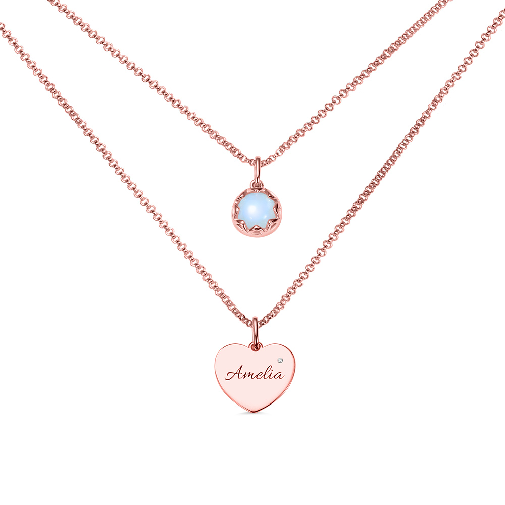 Colar Dupla Pedra da Lua Personalizada com Coração em Ouro Rosa