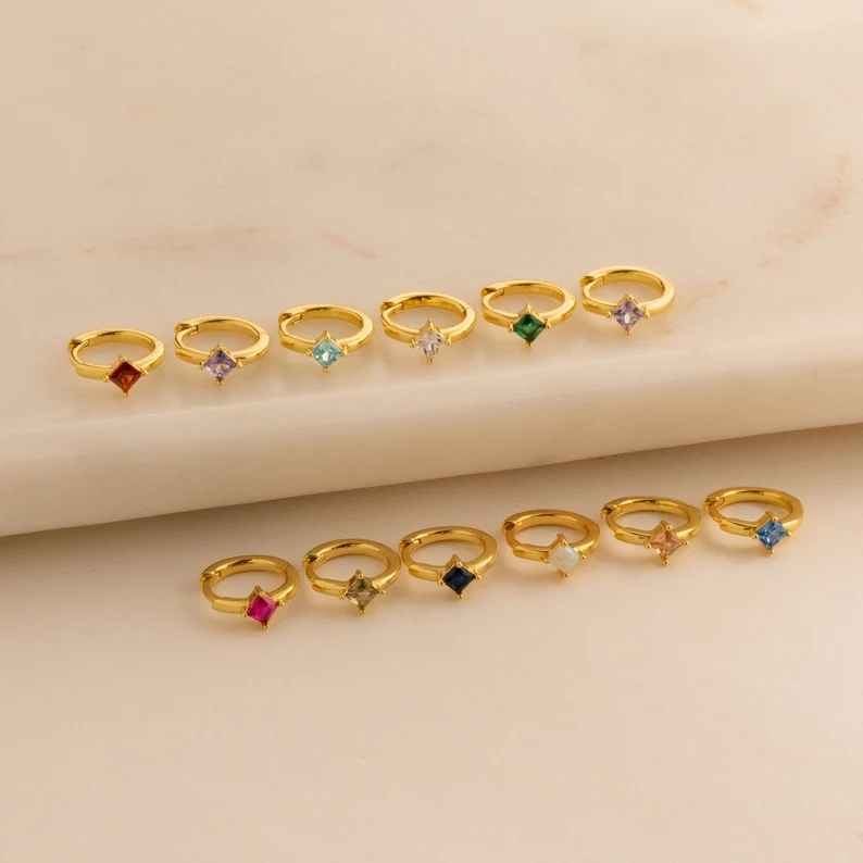 Minimalist Birthstone Earrings, Unique Month of Birth Earrings, Dainty Diamond Hoops