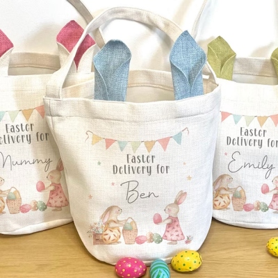 Personalized Keepsake Easter Bag, Easter Basket, Rustic Linen Easter Gift, Easter Bunny Decoration