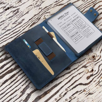 Personalized Leather reMarkable 2 Cover, reMarkable 2 Case, reMarkable 2 Tablet Case, With Card Slot & Pen Holder Elastic Strap Blue Leather