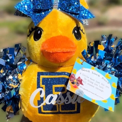 Custom Plush Cheer Duck with Initial Name, Team Cheer Duck with Bow and Pom Poms, Good Luck Cheer Duck, Cheerleading Gift for Cheerleader