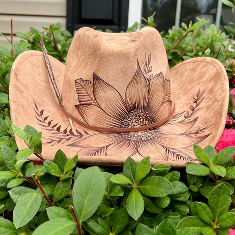 Cowboy Floral Authentic Hand Burned Hat, Sunflower, Suede, Best Seller, Rodeo, Cowgirl, Personalize, concert, Cowboy, western