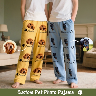 Custom Name Pet Portrait Pajama Pants, Pet Head Photo Lounge Pants for Adults/Kids, Birthday/Memorial Gift for Pet Owners/Horse Lovers/Rabbit Breeders