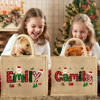 Personalized Name Christmas Tree Santa Burlap Tote Bag, Large Capacity Jute Bag, Shopping Bag, Holiday Party Favor, Christmas Gift for Mom/Family/Kids