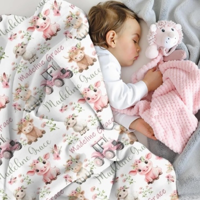 Baby Farm Animals Minky Blanket - Custom Name Newborn Swaddle (Pink Tractor/Pig/Cow/Sheep)