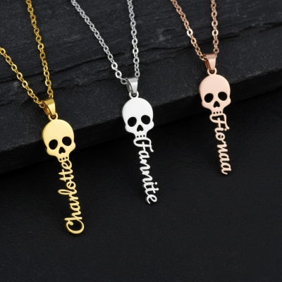 Personalized Name Halloween Skull Necklace, Sterling Silver 925 Skeleton Charm Pendant, Trick or Treat Necklace, Punk Gift for Gothic Lovers/Him/Her