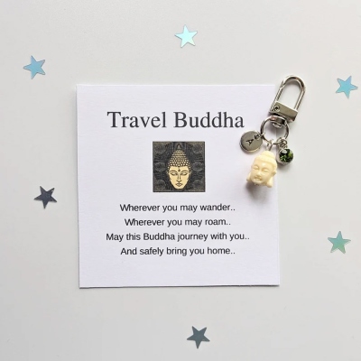 🎁 Personalized Cream Travel Buddha Keychain, Birthday Gift Idea for a Friend, Lucky Buddha Keyring, Good Luck Charm, Travel Gift Bag Charm