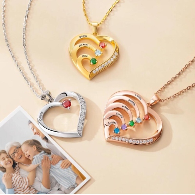 Personalized Name and Birthstone Family Heart Necklace