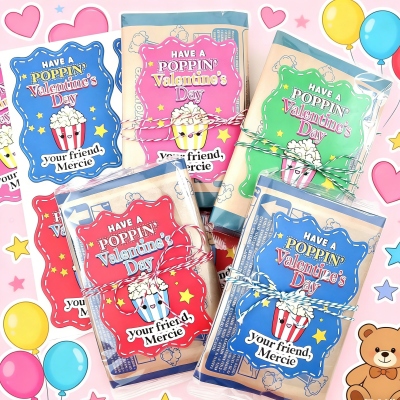Personalized Kids Valentine's Day Popcorn Stickers: School Class Favors