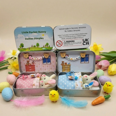 Bunny Easter Plush mummy and baby bunnies in Pocket Tin: role play sibling Gift,  Easter gift
