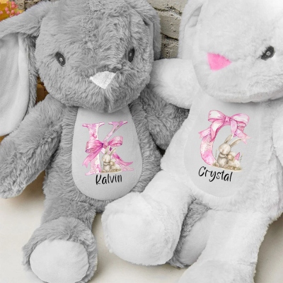 Personalisiertes Hasen-Puppenspielzeug mit rosa Schleife und Namen, Weicher Plüschhase, Kuscheltier, Osterdekoration, Geburtstags-/Ostergeschenk für Kinder/Mädchen