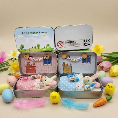 Bunny Easter Plush mummy and baby bunnies in Pocket Tin: role play sibling Gift,  Easter gift