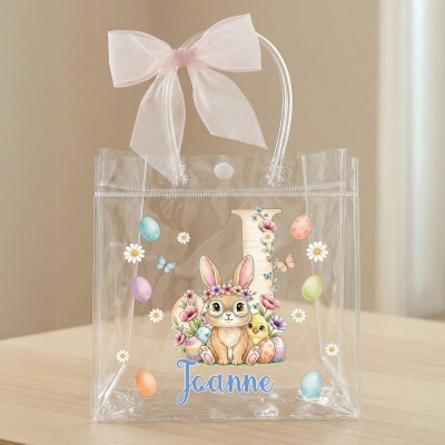 Personalisierte Ostergeschenktasche mit Namen, Blumenmuster, Hasenmotiv und rosa Schleife, durchsichtige PVC-Ostereiersuche-Tasche, Ostergeschenk für Kinder/Mädchen/Jungen