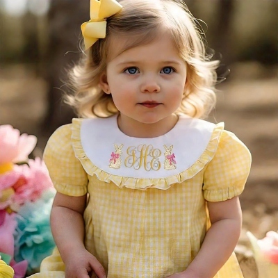 Easter Monogram Dress Bishop Style Gingham Dress for Baby Toddler Kids Embroidered Easter Gift for Brother Sister Sibling Matching Bishop