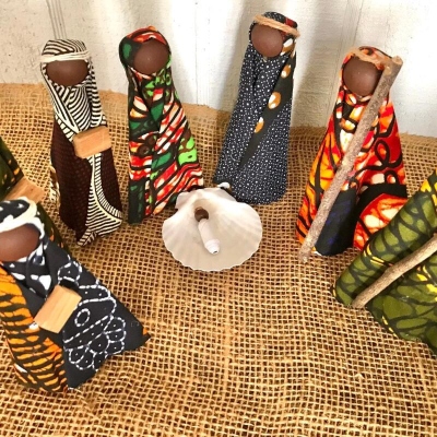 African Nativity Dark Skin Christmas 8 piece set Handmade Recycled Materials 4-5 inch Dar es Salaam Tanzania Disability Awareness Workshop