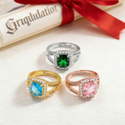 Personalized Birthstone Ring with Name, Mementos Jewelry for High School, Silver/Brass Class Ring, Graduation Gift for Women/Men