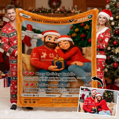 Personalized Trading Card Style Blanket with Photo, Soft Bed Couch Throw, Home Decor, Wedding/Anniversary/Halloween Gift for Newlywed/Couple/Gamer