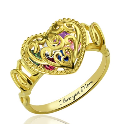 Meaningful Gold Plated "MOM" Heart Cage With Birthstones Ring