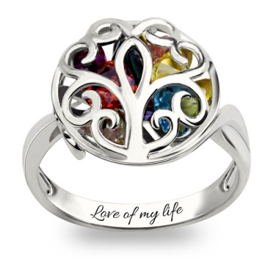Platinum Plated Glittering Round Cage Family Tree Birthstone Ring
