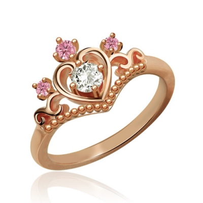 Rose Gold Ornate Princess Tiara Ring With Birthstone