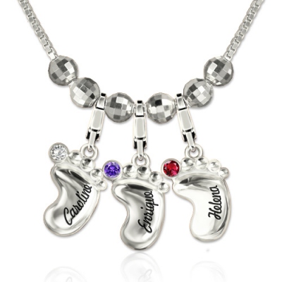 Sterling Silver Dazzling Engraved Name 3D Baby Feet Birthstone Necklace