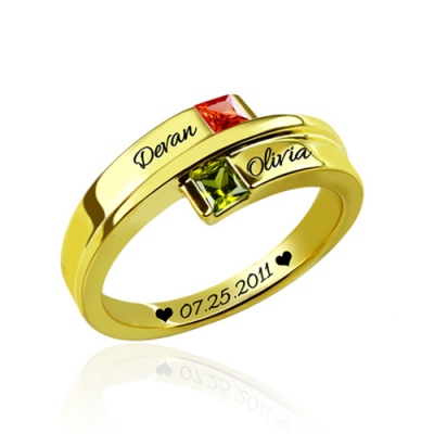 Gold Plated Unequalled Engraved Square Memorial Birthstones Name Ring