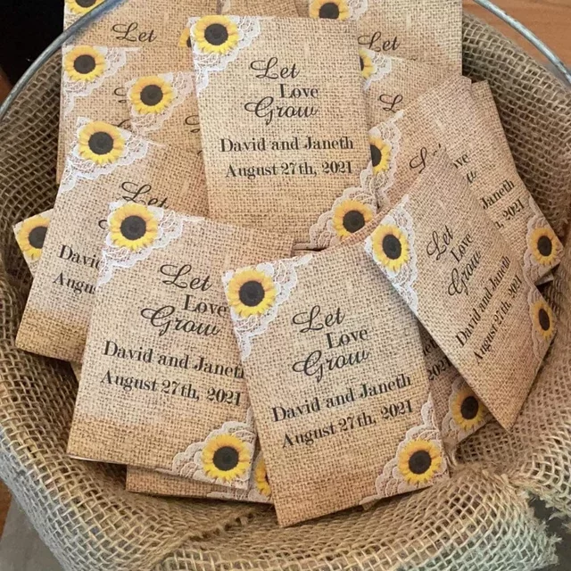 Personalized seed packet wedding favors with Sunflower Burlap and lace