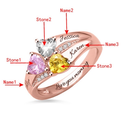 Rose Gold Taintless Custom Heart Birthstone Engraved 3 Names Ring