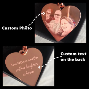 Rose Gold Heart Keychain, Photo and Text Engraved, Solid Stainless Steel, Mother's Day gift