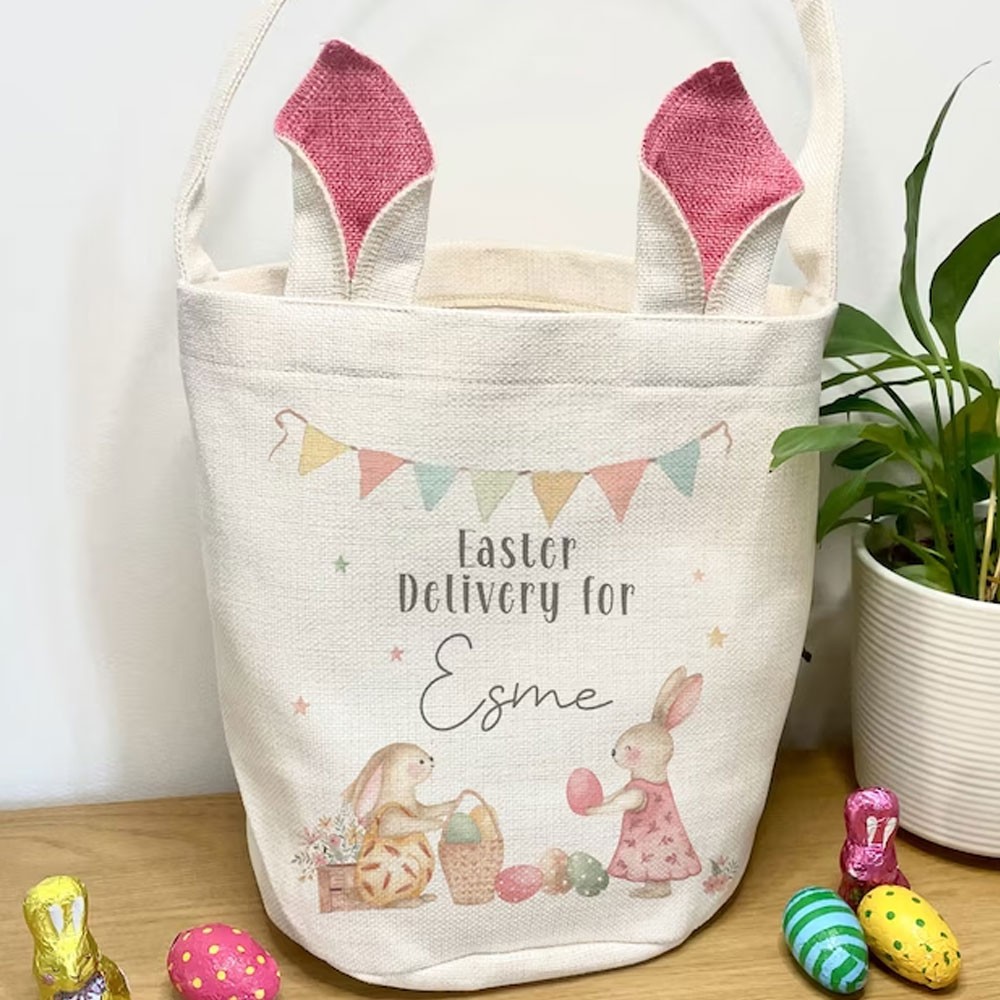 Personalized Keepsake Easter Bag, Easter Basket, Rustic Linen Easter Gift, Easter Bunny Decoration