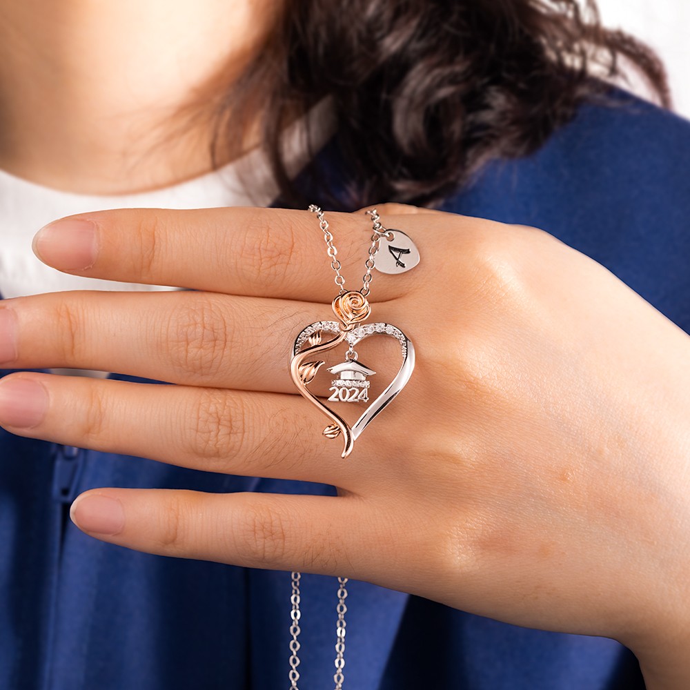 Personalized Initial Rose Heart Graduation Necklace, Class of 2024 Bachelor Cap Sterling Silver Jewelry, Graduation Gift for Girl/Daughter/Sister