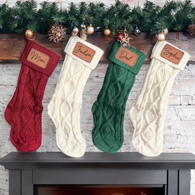 Personalized Family Name Christmas Stockings, Leather Patch Christmas Stockings, Custom 2024 Christmas Stockings with Name, Christmas Gift for Family