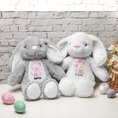 Poupée lapin personnalisée avec nœud rose et nom, peluche douce en forme de lapin, souvenir, décoration de Pâques, cadeau d'anniversaire/de Pâques pour enfants/filles