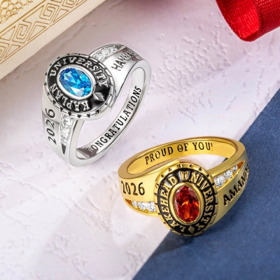Custom Woman Birthstone School Class Ring with Engraved Text, High School University Graduation Ring, Graduation Gift for Class of 2026 Graduates