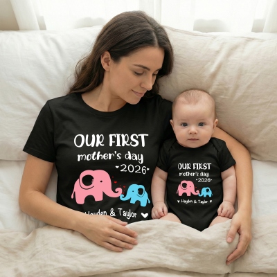 Custom Cute Bear Bunny Giraffe 100% Cotton T-Shirt and Baby Onesie, Our First Mother's Day Mom & Baby Set, First Mother's Day Gift for Newborn New Mom