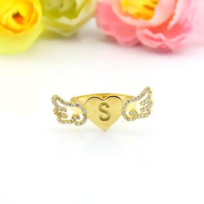 18k Gold Plated Delicate Birthstone & Initial Angel Wings Heart Ring