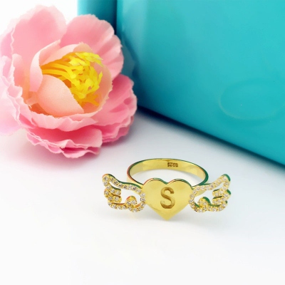 18k Gold Plated Delicate Birthstone & Initial Angel Wings Heart Ring