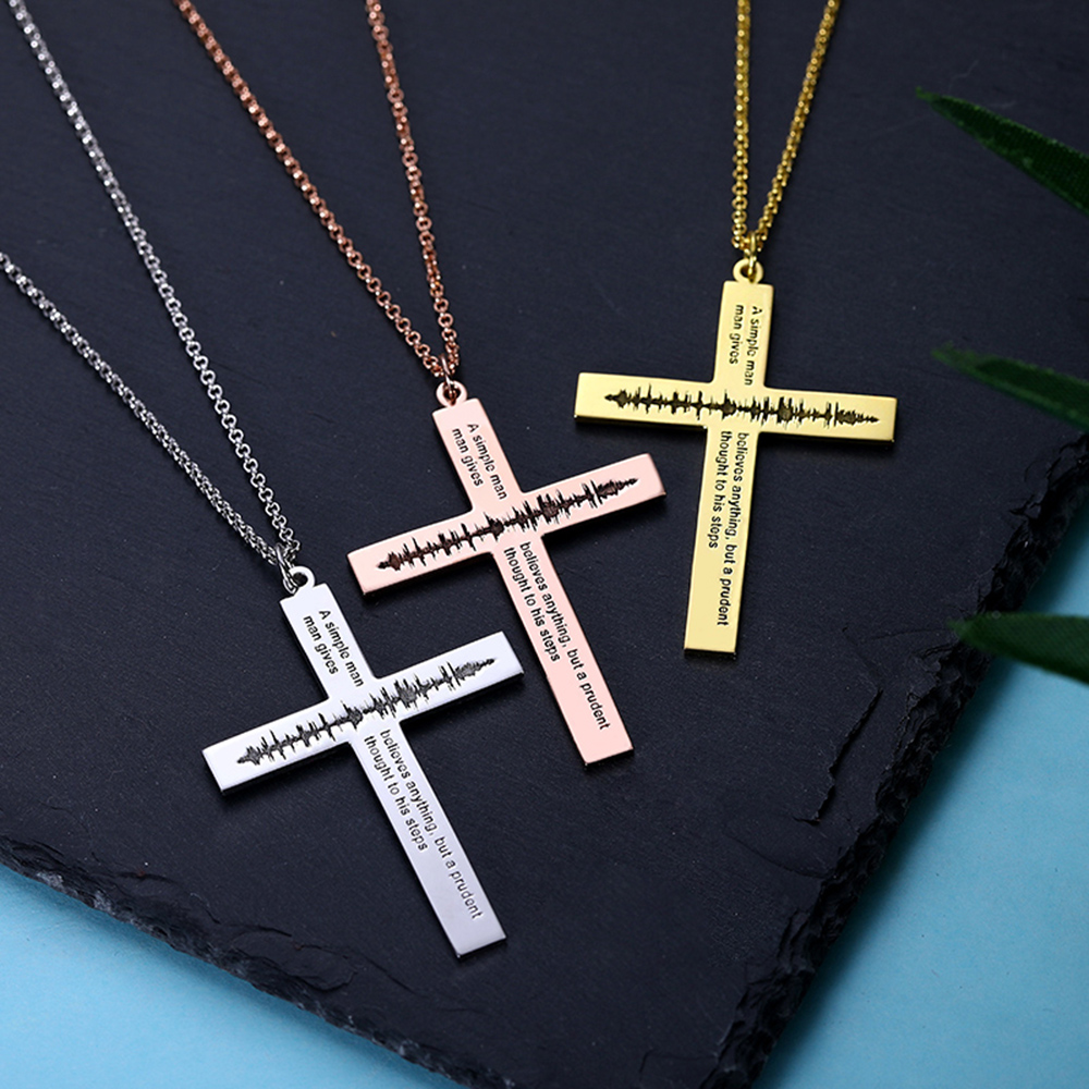 Personalized Sound Wave Cross Necklace in Gold