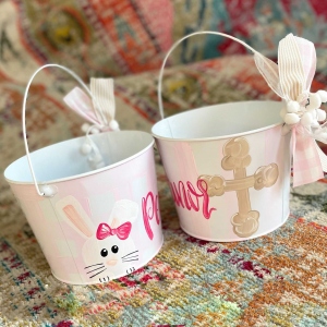 Personalized white metal Easter bucket gingham stripe polka dot bunny cross